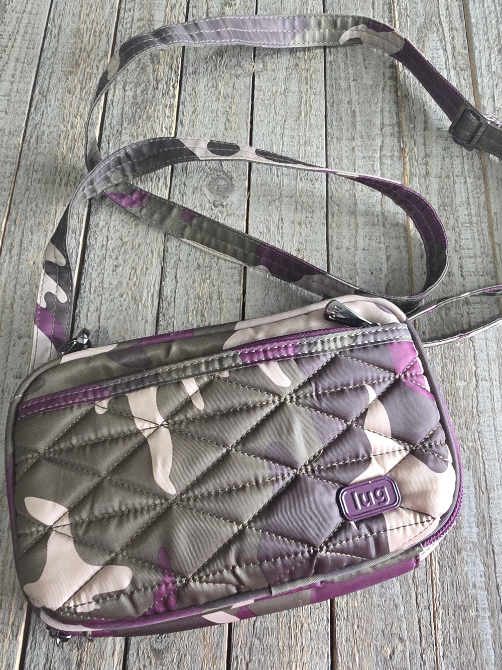 lug Quilted Camo Crossbody Bag in Purple and Gray